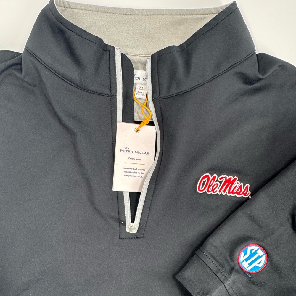 EXCLUSIVE SIP EMBROIDERED SLEEVE! Ole Miss Peter Millar Black 1/4-Zip - XL - NWT